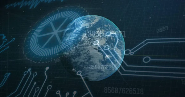 Image of data processing, globe spinning with computer circuit board in background. global data processing and digital interface concept digitally generated image.