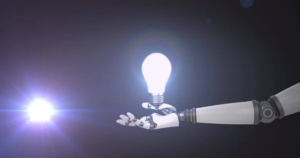 Image of illuminated light bulb over hand of extended robot arm and light on dark background. electrical engineering technology, communication and research concept digitally generated image.