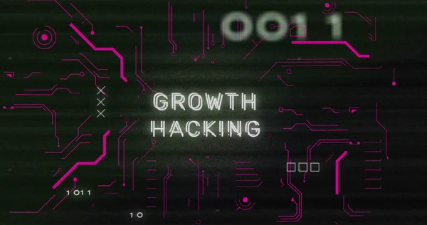 Image of interference over growth hacking text, data processing and computer circuit board. global technology, computing and digital interface concept digitally generated image.