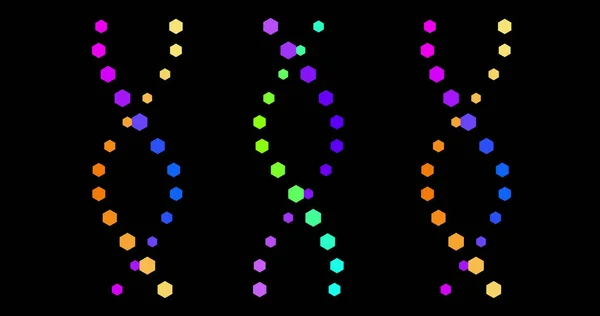 Image of colorful dna rotating on black background. colour, pattern, science and movement concept digitally generated image.