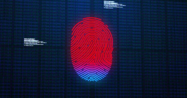 Image of fingerprint and data processing over black background. global communication, data processing and digital interface concept, digitally generated image.
