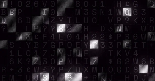 Image of letter and numbers over black background with white shapes. communication technology digital interface concept digitally generated image.