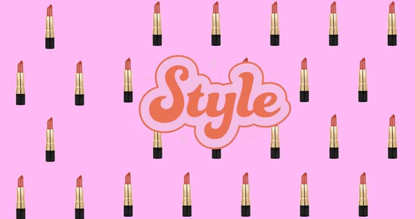 Image of powder and lipsticks icons and style text on purple background. fashion and accessories background pattern concept digitally generated image.