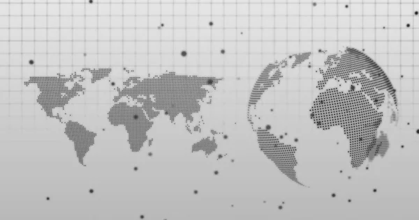 在世界地图上移动的点和灰色背景上旋转的地球的图像 全球数据处理 网络和技术概念数字生成的图像 — 图库照片