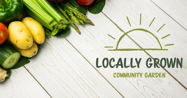 Bild Von Lokal Angebauten Gemeinschaftsgarten Text Grün Über Frischem Gemüse — Stockfoto