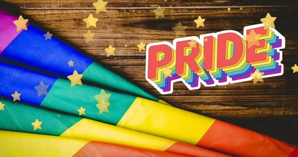 Imagen Estrellas Sobre Bandera Arco Iris Texto Orgullo Mes Orgullo —  Fotos de Stock
