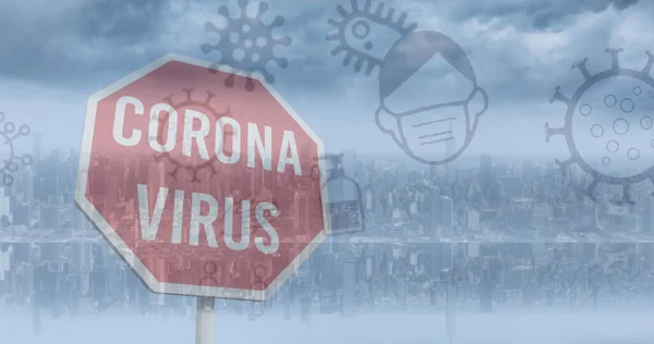 Image Covid Icons Floating Corona Virus Text Stop Sign Cityscape — Stock Photo, Image