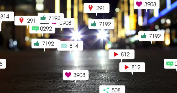 Odak Trafik Işığı Dışında Sosyal Medya Simgeleri Numaraların Görüntüsü Küresel — Stok fotoğraf