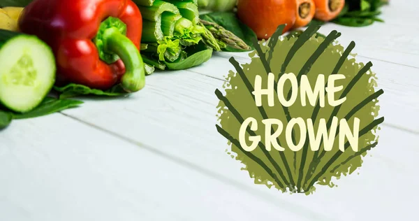 在木制木板上的新鲜有机蔬菜上用绿色表示的家庭种植文字的图像 素食日 有机素食产品与健康饮食理念数码生成图像 — 图库照片