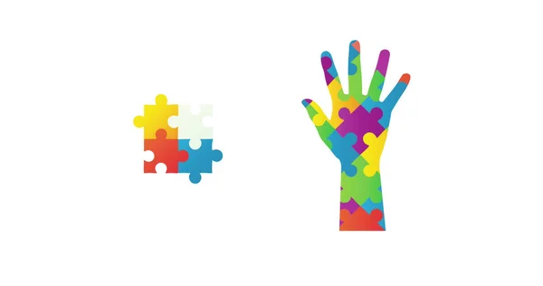 Image of autism colourful puzzle pieces forming hand and square on white background. autism, learning difficulties, support and awareness concept digitally generated image