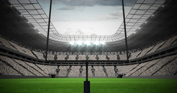 美国足球门柱和球场的图像 体育场上乌云密布的天空 美国足球概念数字生成的图像 — 图库照片