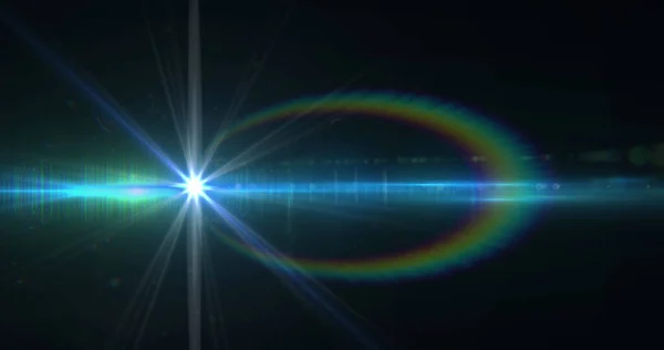 Image of white light with beam and curved prismatic lens flare on black background. electricity, light technology, communication and science research concept digitally generated image.