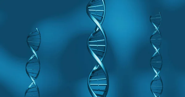 Image of dna strands on blue background. global science, dna and digital interface concept digitally generated image.