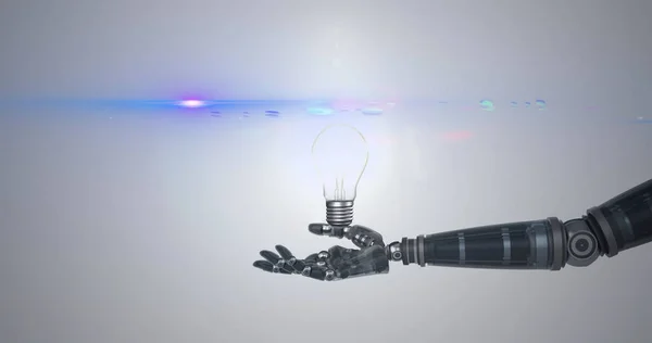 Kép Megvilágított Villanykörte Kéz Felett Robot Kar Kék Fény Szürke — Stock Fotó