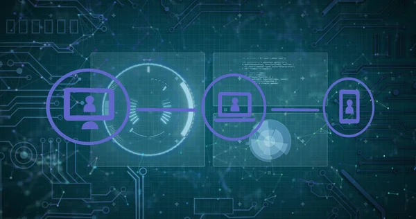 Image of icons with network of connections, scope scanning and data processing. global networks, digital interface and data processing concept digitally generated image.