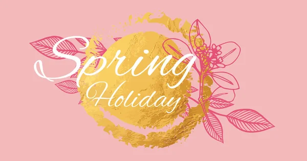 Image of spring holiday text over yellow pattern and pink flowers decoration on pink background. spring bank holiday, nature and spring concept digitally generated image.
