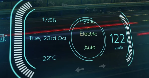 Image of car panel over cars on street. global transport and digital interface concept digitally generated image.
