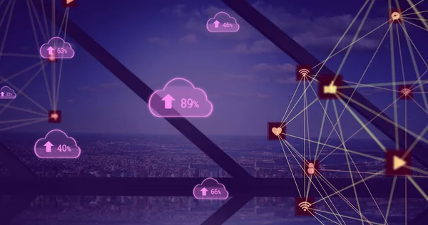 Image of network of connections with icons over cityscape. business, networking, connections, technology and digital interface concept digitally generated image.