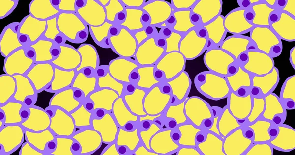 黒い背景に動く黄色と紫色の細胞の画像 人間の生物学 医学の概念がデジタルで生成され — ストック写真
