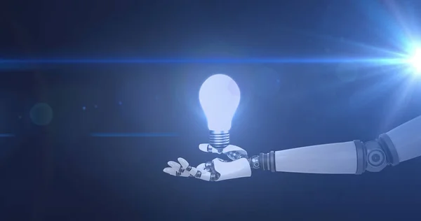 Image of light bulb over hand of robot arm, with moving light on dark background. electrical engineering technology, communication and research concept digitally generated image.