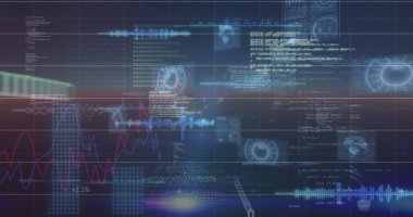 Siyah arkaplanda hareket eden ikili sayı ve bilgilerle parlayan arayüz görüntüsü. iletişim teknolojisi dijital arayüz kavramı, dijital olarak oluşturulmuş görüntü.