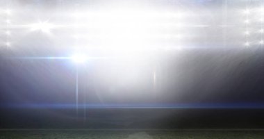 Stadyumdaki bulanık hareket eden ışıklar ve bokeh ışıklı noktalar. Spor ve rekabet, dijital olarak oluşturulmuş imaj.