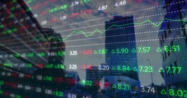 Şehirdeki finansal verilerin ve grafiklerin resmi. küresel finans, ekonomi, iş ve teknoloji konsepti dijital olarak oluşturulmuş imaj.