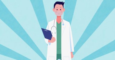 Mavi arkaplandaki çizgilerin üzerindeki doktor simgesi. Tıbbi ve sağlık hizmetleri iletişim teknolojisi konsepti dijital olarak oluşturulmuş görüntü.