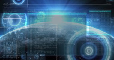 Mavi zemin üzerinde dünya ile veri işleme ile dijital arayüz. küresel ağ ve teknoloji kavramı