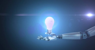 Robot kolunun üzerinde yanan ampulün görüntüsü, koyu arkaplanda hareket eden ışıkla. Elektrik mühendisliği teknolojisi, iletişim ve araştırma konsepti dijital olarak oluşturulmuş görüntü.