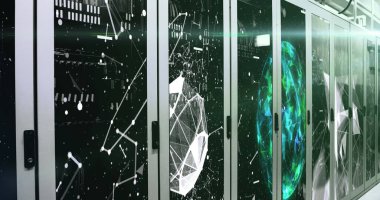Bilgisayar sunucuları üzerinden bağlantı ağlarının resmi. küresel teknoloji, veri işleme ve dijital arayüz kavramı dijital olarak oluşturulmuş görüntü.