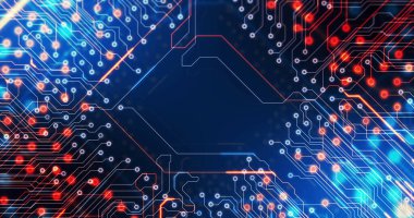 Siyah arkaplan üzerinde teknoloji devresi görüntüsü. küresel teknoloji ve dijital arayüz kavramı dijital olarak oluşturulmuş görüntü.