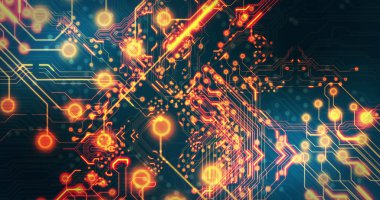 Siyah arkaplan üzerinde teknoloji devresi görüntüsü. küresel teknoloji ve dijital arayüz kavramı dijital olarak oluşturulmuş görüntü.