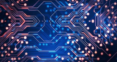 Bilgisayar devre kartında hareket eden ışık izlerinin görüntüsü. küresel hesaplama ve veri işleme kavramı dijital olarak oluşturulmuş resim.