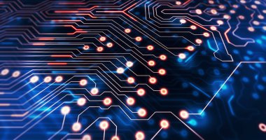 Bilgisayar devre kartında hareket eden ışık izlerinin görüntüsü. küresel hesaplama ve veri işleme kavramı dijital olarak oluşturulmuş resim.