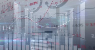 Sunucu odasında finansal veri işleme ve borsa görüntüsü. küresel iş, finans ve veri işleme kavramı dijital olarak oluşturulmuş görüntü.