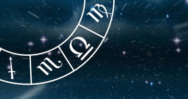 Işık noktasının dijital görüntüsü ve uzaydaki burç işaretlerinin spiral sembolleri. burç ve astroloji kavramı