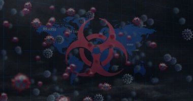 Biyolojik tehlike sembolü, arka planda dünya haritası üzerinde hareket eden 19 hücre. küresel covid 19 salgın, veri işleme ve dijital arayüz kavramı dijital olarak oluşturulmuş görüntü.