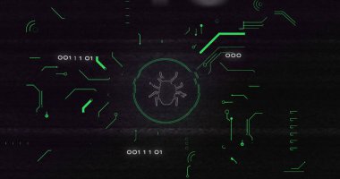 Böcek simgesi, veri işleme ve bilgisayar devre kartı üzerindeki parazit görüntüsü. küresel teknoloji, bilgisayar ve dijital arayüz kavramı dijital olarak oluşturulmuş görüntü.