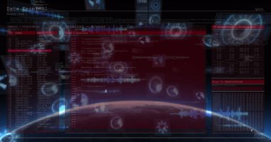 Mavi zemin üzerinde dünya ile veri işleme ile dijital arayüz. küresel ağ ve teknoloji kavramı