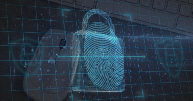 Bilgisayar üzerinden güvenlik kilidi ve veri işleme görüntüsü. küresel iletişim ve veri güvenliği konsepti dijital olarak oluşturulmuş görüntü.