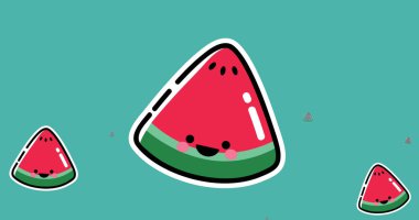 Yeşil arka planda düşen karpuz simgeleri. yiyecek ve sağlık konsepti dijital olarak üretilen görüntü.