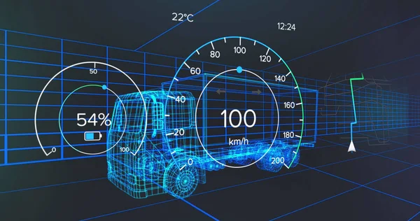 海軍の背景にトラックプロジェクト上の速度計のイメージ 自動車 デザイン テクノロジーの概念はデジタルで生成されます — ストック写真