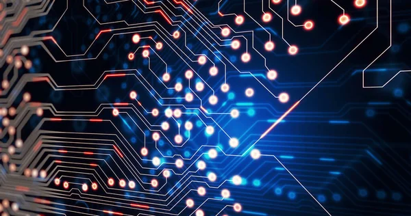 Bilgisayar devre kartında hareket eden ışık izlerinin görüntüsü. küresel hesaplama ve veri işleme kavramı dijital olarak oluşturulmuş resim.