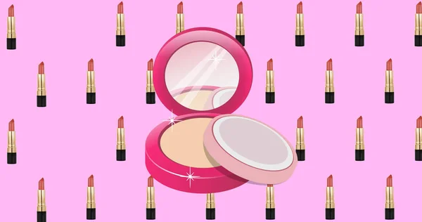 Image of powder and lipsticks icons and style text on purple background. fashion and accessories background pattern concept digitally generated image.