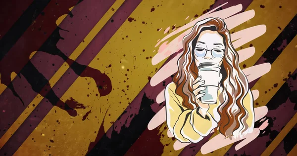 Bild Einer Frau Die Kaffee Über Bunten Flecken Trinkt Kreativmonat — Stockfoto
