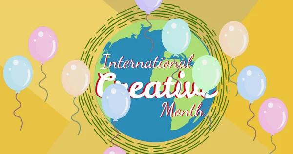 Bild Von Luftballons Und Internationalen Kreativen Monat Text Über Den — Stockfoto