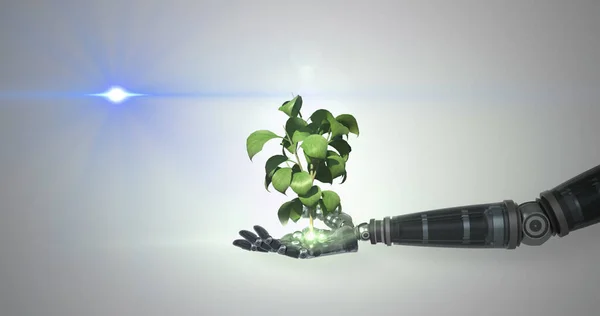 Imagen Red Planta Crecimiento Mano Brazo Robot Con Luz Azul — Foto de Stock