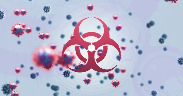 Gambar Sel Virus Atas Simbol Biohazard Global Science Digital Interface — Stok Foto