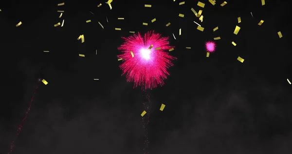 Image Pink Christmas New Year Fireworks Gold Confetti Night Sky — Stock Photo, Image